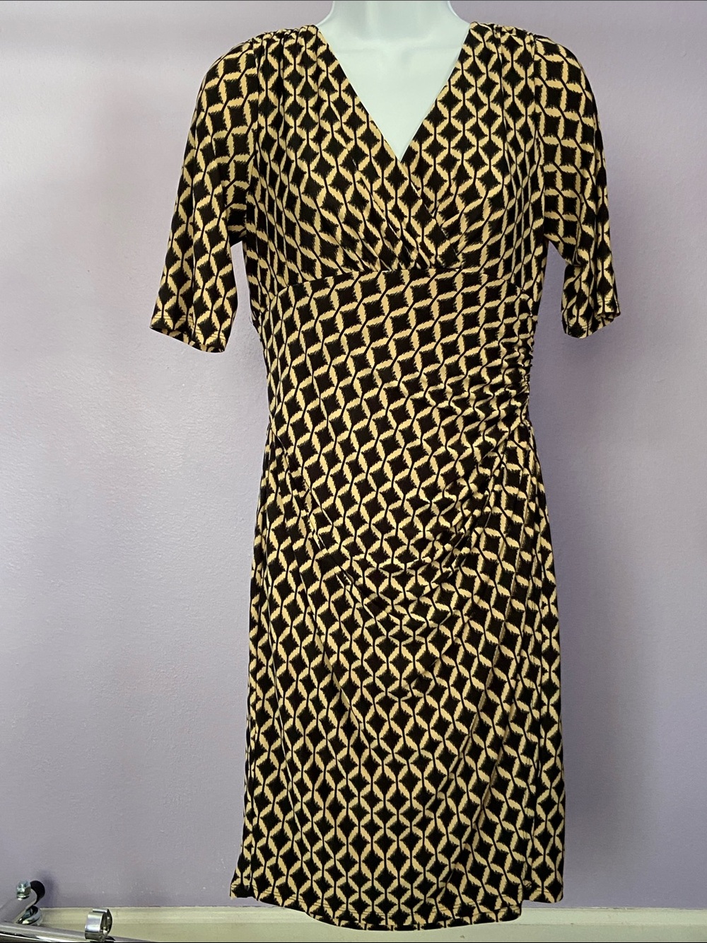 Lauren Ralph Lauren Black and Cream Geometric Faux-Wrap Dress